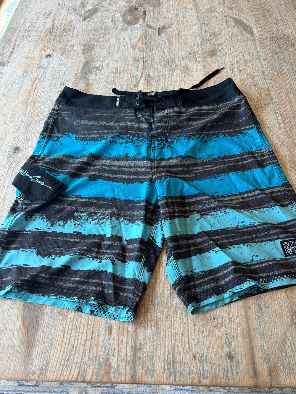 Maui and Sons Teal and Black Striped Swim Board Shorts
